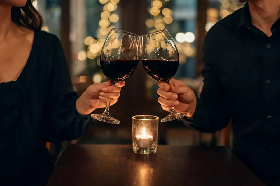 Un brindisi con un bicchiere di vino rosso