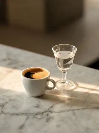 Un espresso e un bicchiere di grappa su un piano di marmo nella luce del sole