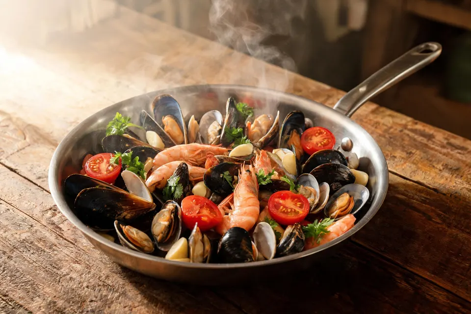 Frutti di mare freschi in padella