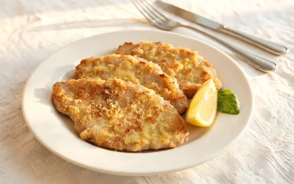 Fettine di vitello in panatura di uovo e parmigiano con spicchio di limone e basilico