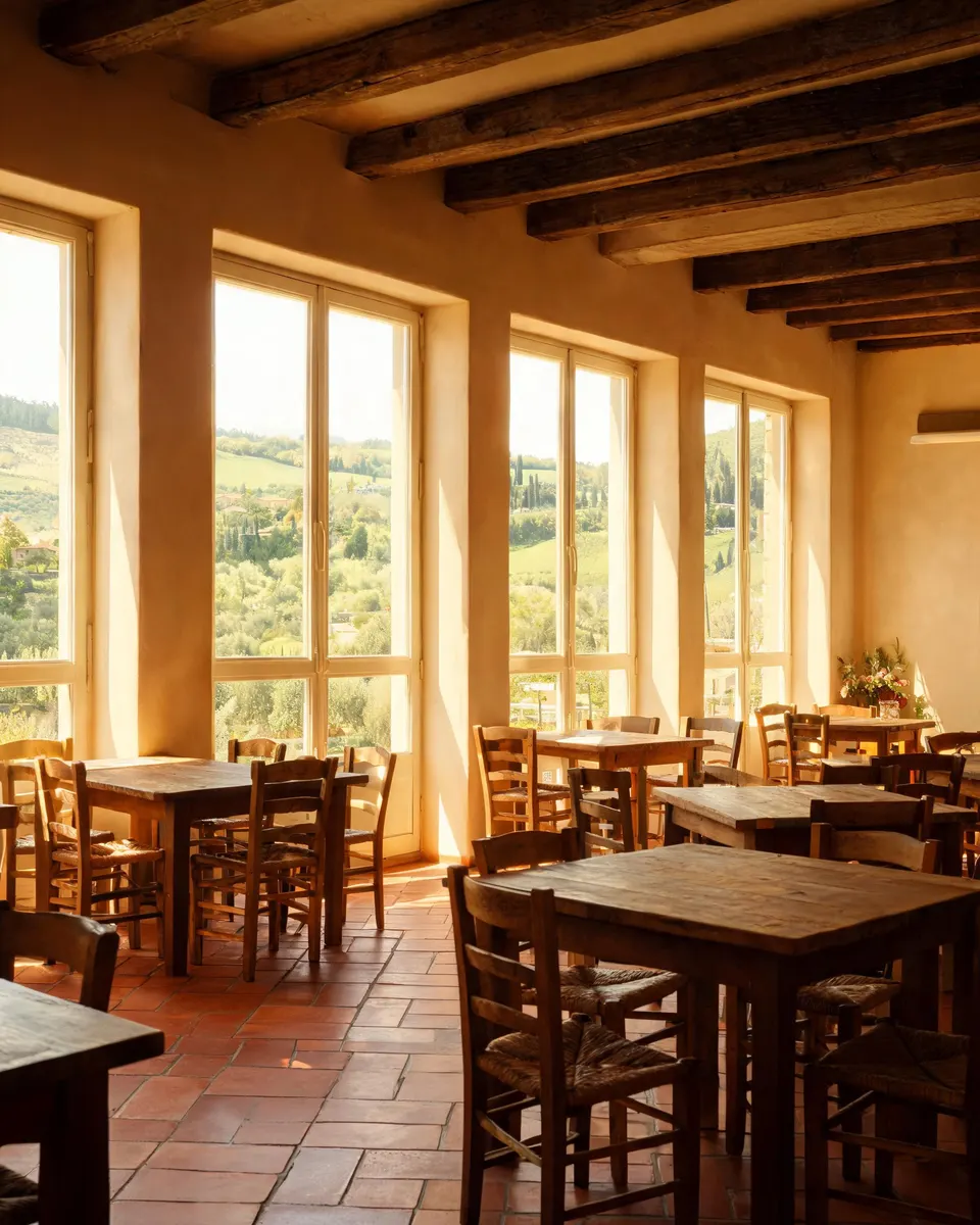 Sala da pranzo calda e luminosa con tavoli in legno e vista sul verde