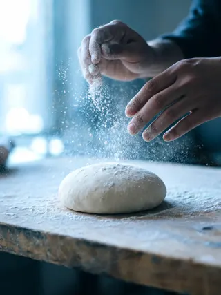 Mani spolverano farina su una palla di impasto per pizza su un piano di legno