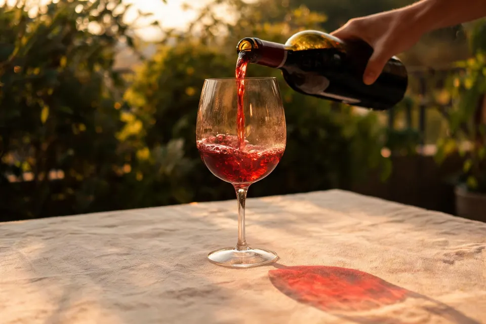 Vino rosso versato in terrazza nella luce della sera